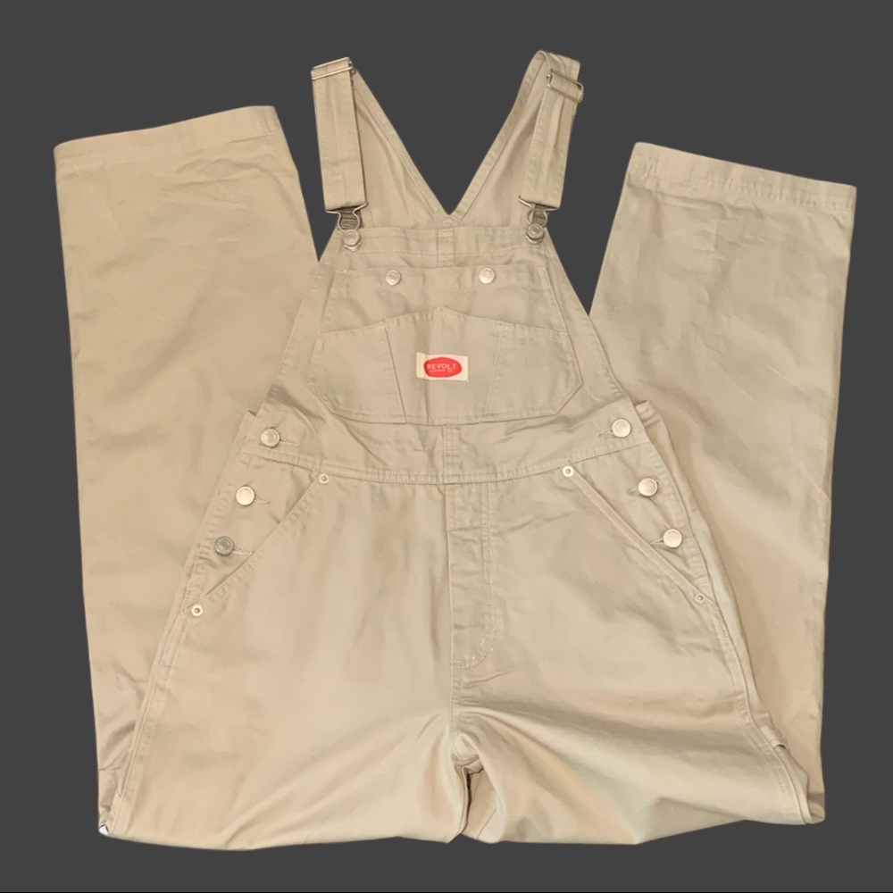 🐌 S size revolt women’s tan khaki canvas overall jeans
